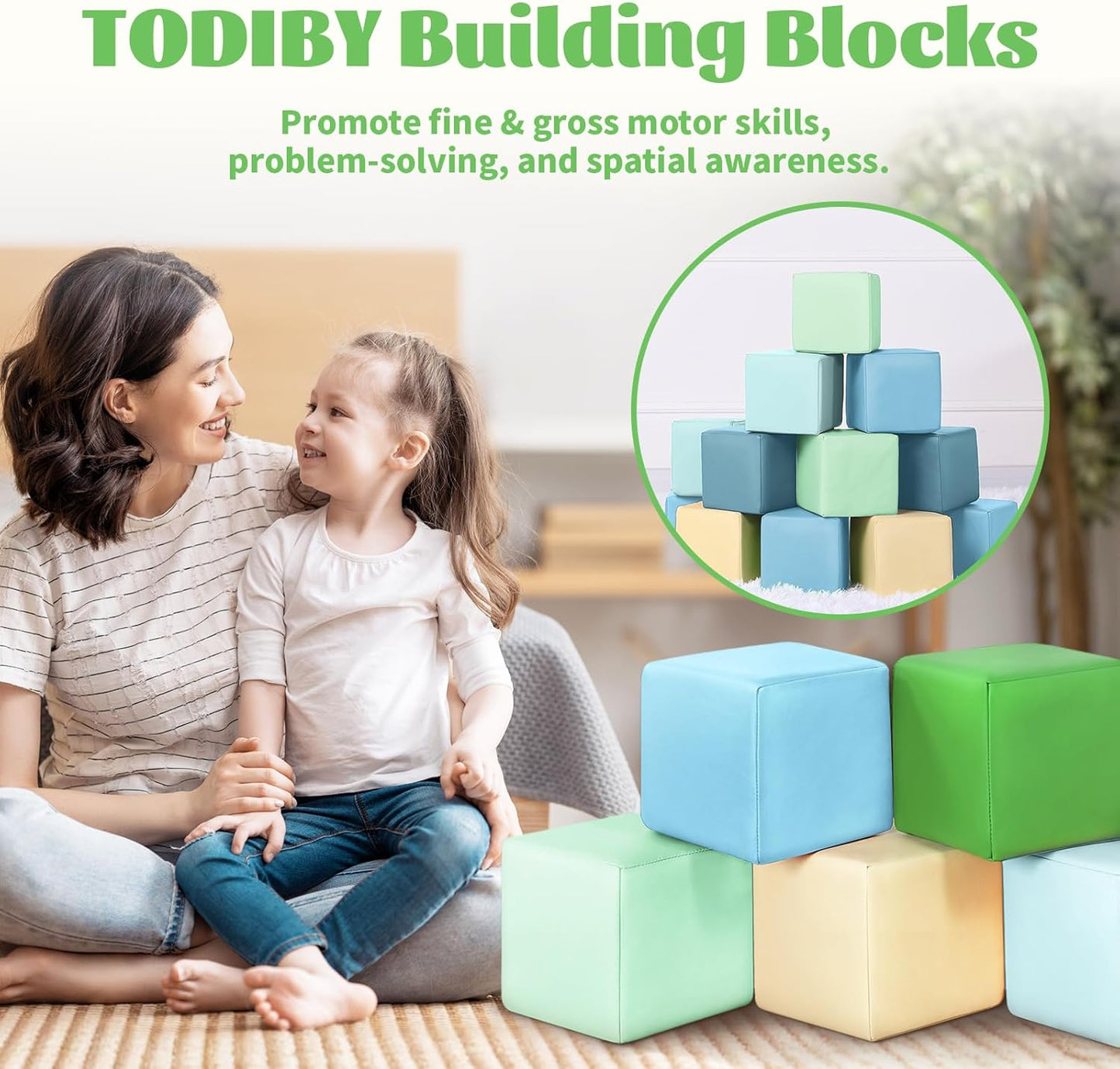 Foam Building Blocks for Toddlers:12-Pieces Wipeable Leather Stacking Cubes Kids - Large Soft Toys Play Set for Learning Construction Baby Preschool Daycare Therapy Birthday Gift (Yellow Green)