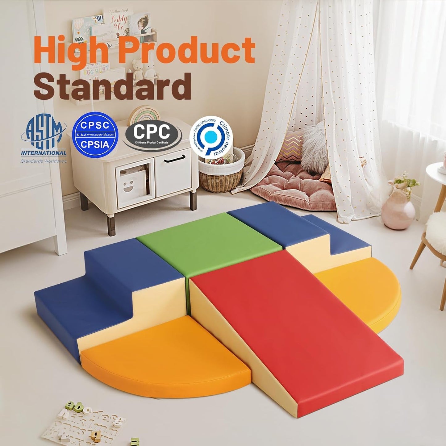 6-Piece Soft PU Leather Toddlers Climbing Toys, Baby Foam Climbing Blocks for Toddlers & PU Leather Waterproof Kids Playmat - Trifold Large Floor Mat - Thick Fodable Play Mat for Playpen