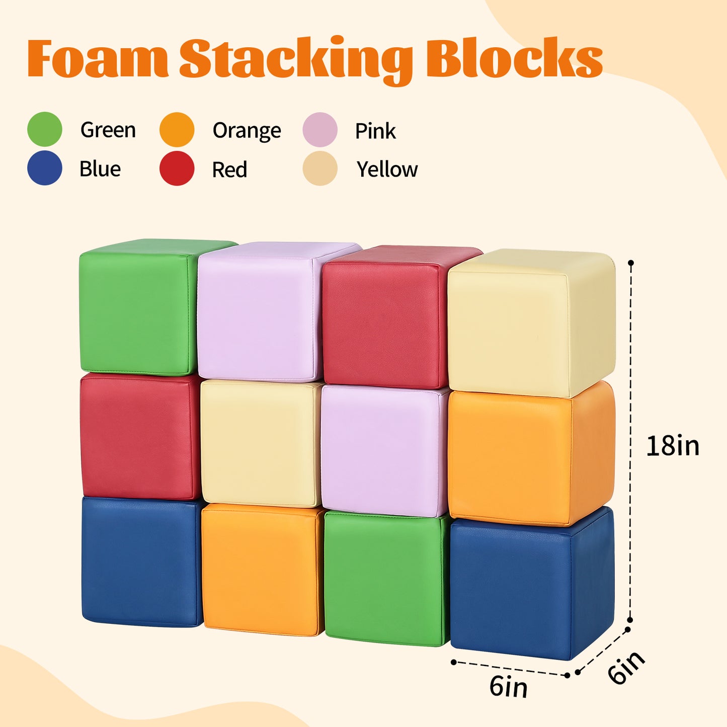 Foam Building Blocks for Toddlers:12-Pieces Wipeable Leather Stacking Cubes Kids - Large Soft Toys Play Set for Learning Construction Baby Preschool Daycare Therapy Birthday Gift (Rainbow)