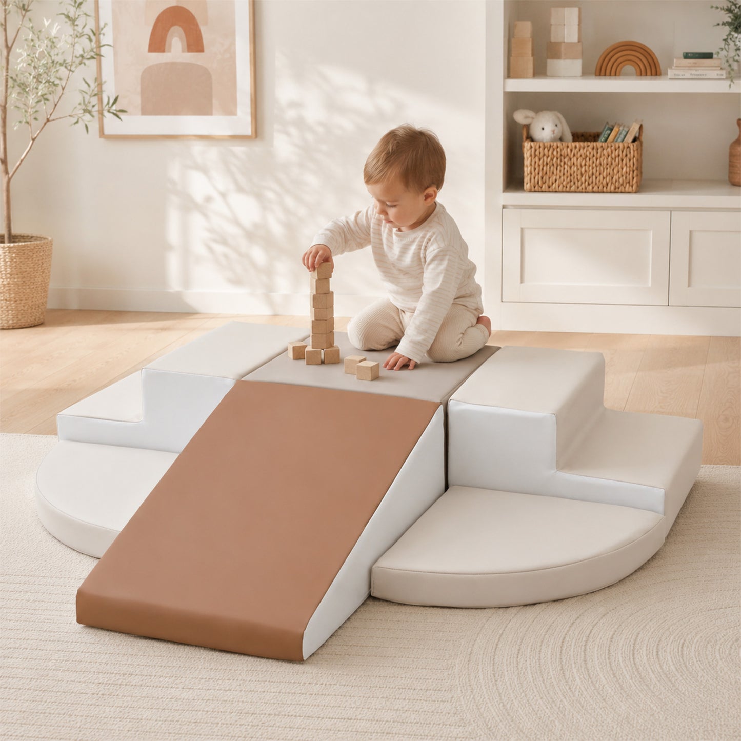 TODIBY 6-Piece Soft PU Leather Toddlers Climbing Toys, Baby Foam Climbing Blocks  For Toddlers, Foam Play Gym Climber Structures For Toddler 3, Indoor Climb And Crawl Activity Play Set（Beige Coffee）