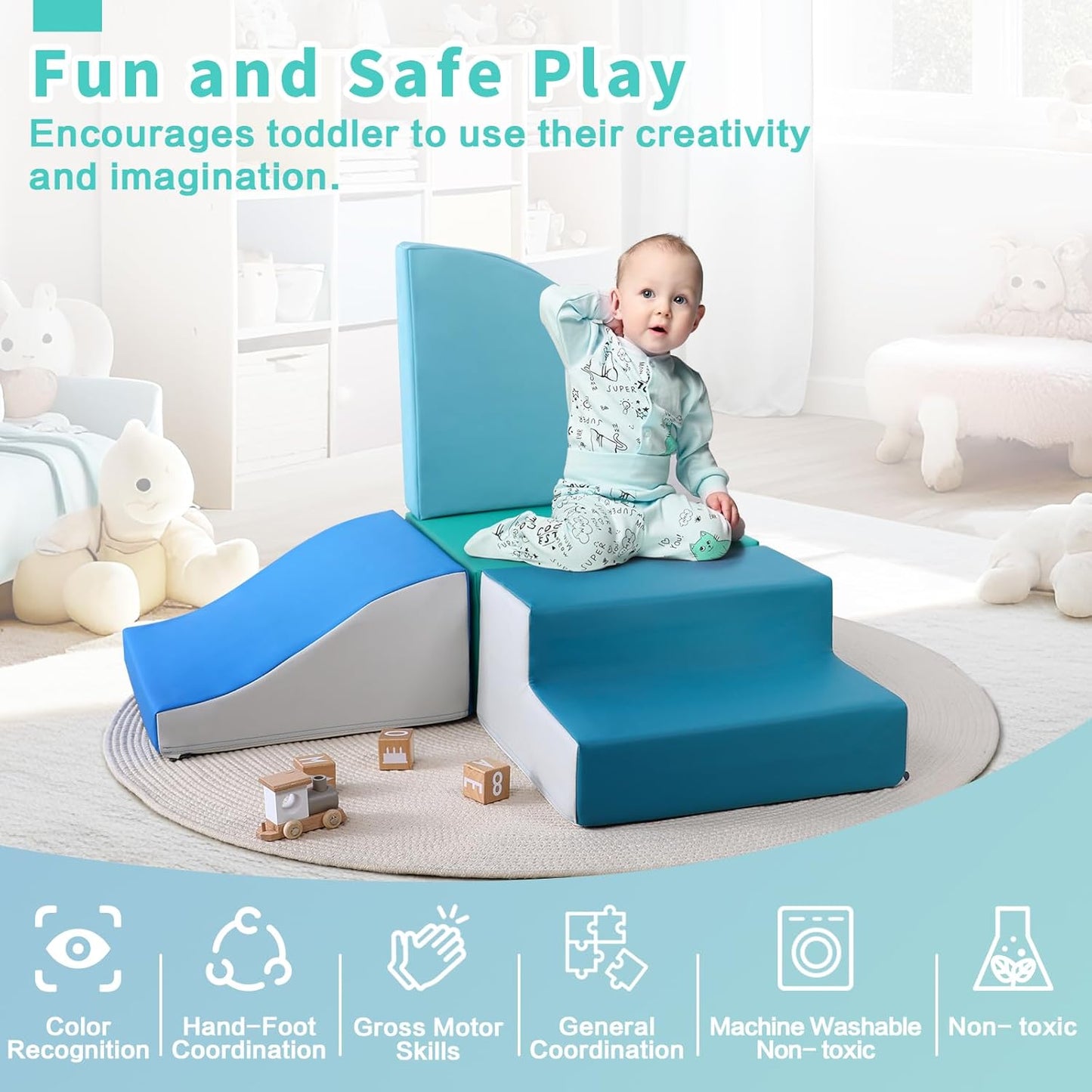 4-Pieces Climbing Toys for Toddlers: PU Leather - Soft Play Climbing for Toddlers - Foam Climbing Blocks for Crawling and Sliding Indoor Playground for Kids