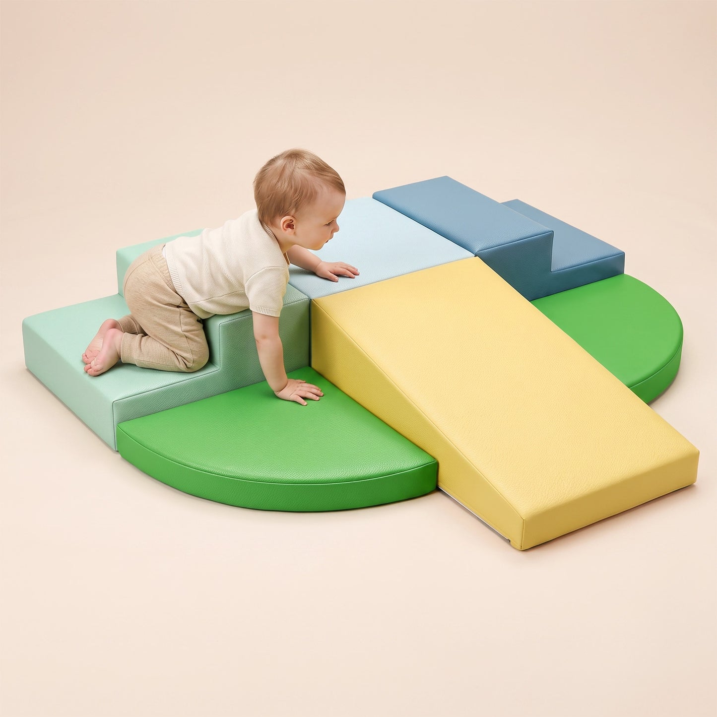 TODIBY 6-Piece Soft PU Leather Toddlers Climbing Toys, Baby Foam Climbing Blocks for Toddlers 3, Foam Play Gym Climbing Structures, Indoor Climb and Crawl Activity Play Set (Light Blue and Green)