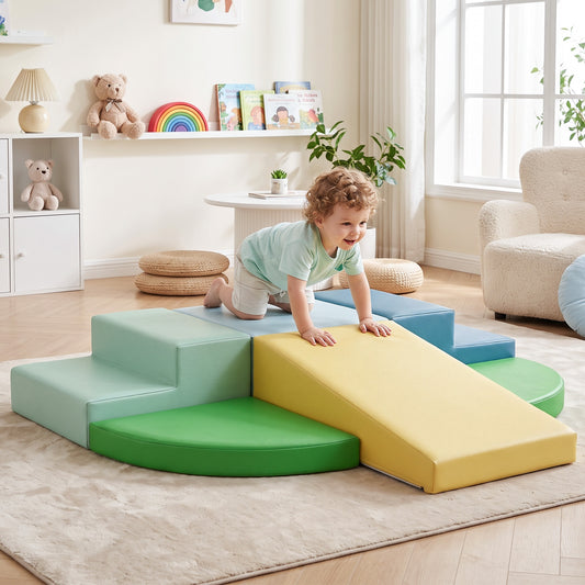 TODIBY 6-Piece Soft PU Leather Toddlers Climbing Toys, Baby Foam Climbing Blocks for Toddlers 3, Foam Play Gym Climbing Structures, Indoor Climb and Crawl Activity Play Set (Light Blue and Green)