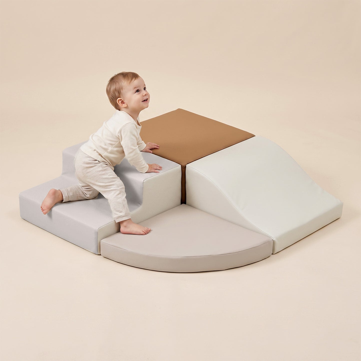TODIBY 4-Pieces climbing toys for toddlers: PU Leather - Soft Play Climbing for Toddlers - Foam Climbing Blocks for Crawling and Sliding Indoor Playground for Kids（Beige Coffee）