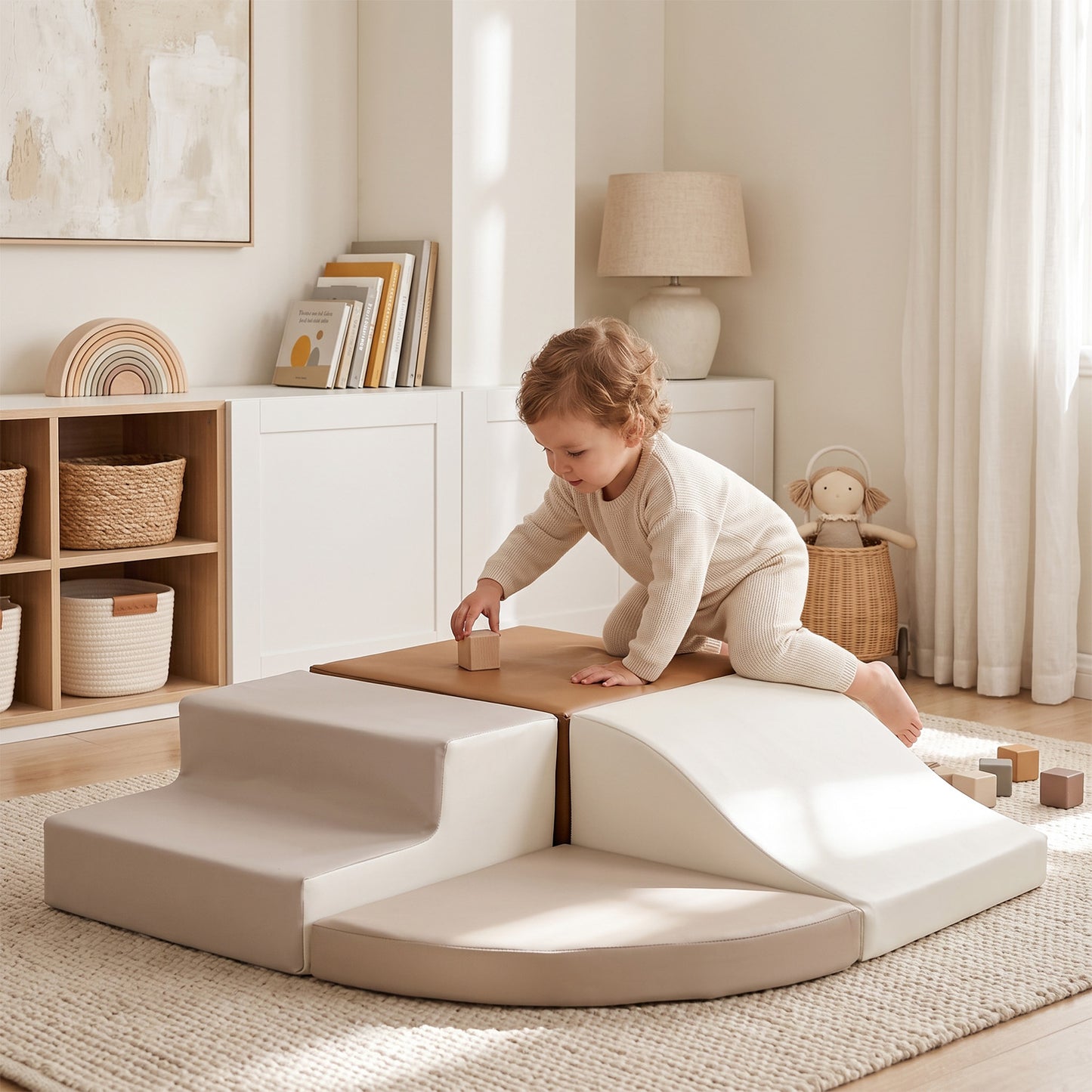 TODIBY 4-Pieces climbing toys for toddlers: PU Leather - Soft Play Climbing for Toddlers - Foam Climbing Blocks for Crawling and Sliding Indoor Playground for Kids（Beige Coffee）
