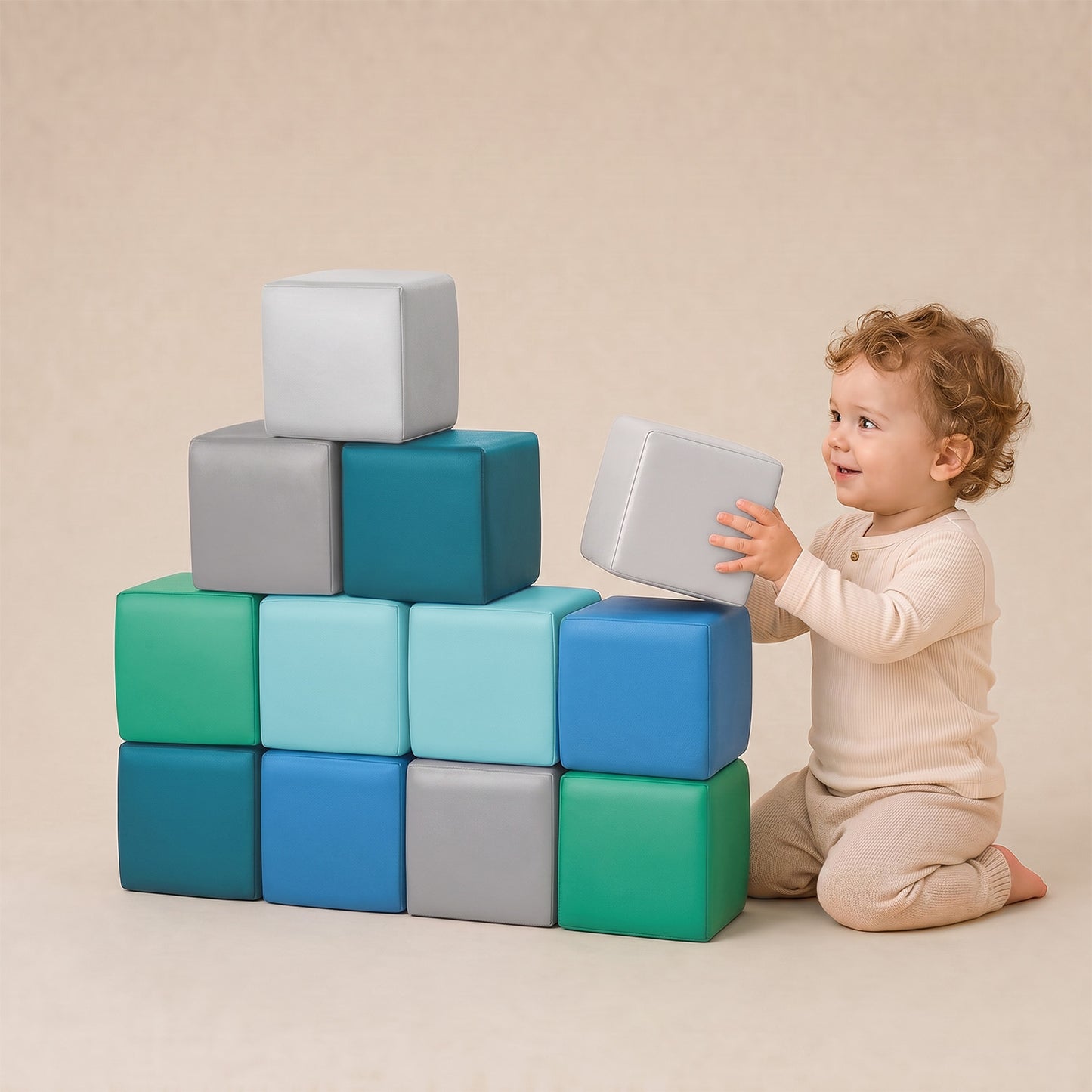 Foam Building Blocks for Toddlers：12-Pieces Wipeable Leather Stacking Cubes Kids - Large Soft Toys Play Set for Learning Construction Baby Preschool Daycare Therapy Birthday Gift (Modern)