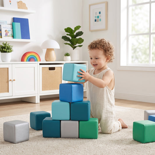 Foam Building Blocks for Toddlers：12-Pieces Wipeable Leather Stacking Cubes Kids - Large Soft Toys Play Set for Learning Construction Baby Preschool Daycare Therapy Birthday Gift (Modern)
