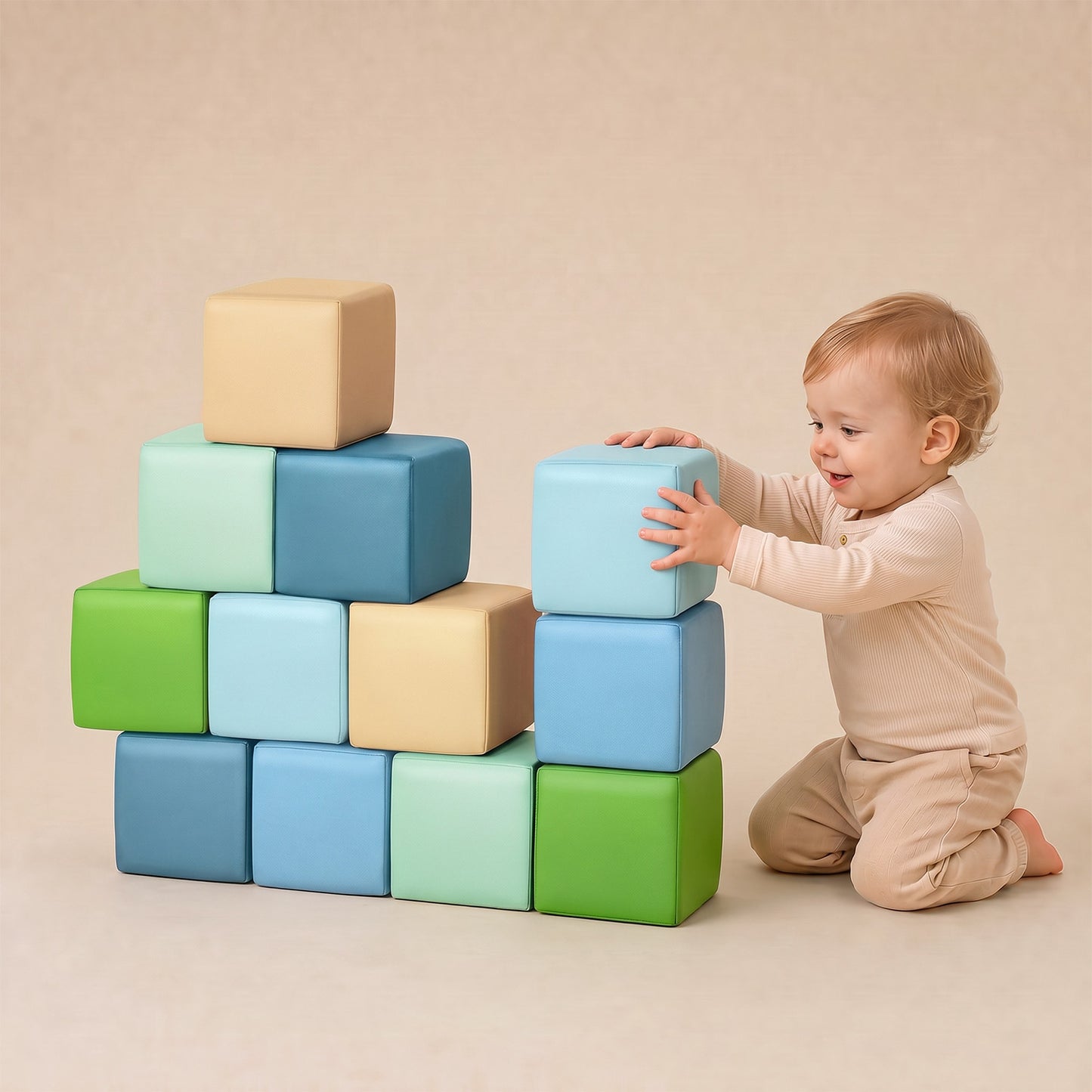 Foam Building Blocks for Toddlers：12-Pieces Wipeable Leather Stacking Cubes Kids - Large Soft Toys Play Set for Learning Construction Baby Preschool Daycare Therapy Birthday Gift (Yellow Green)