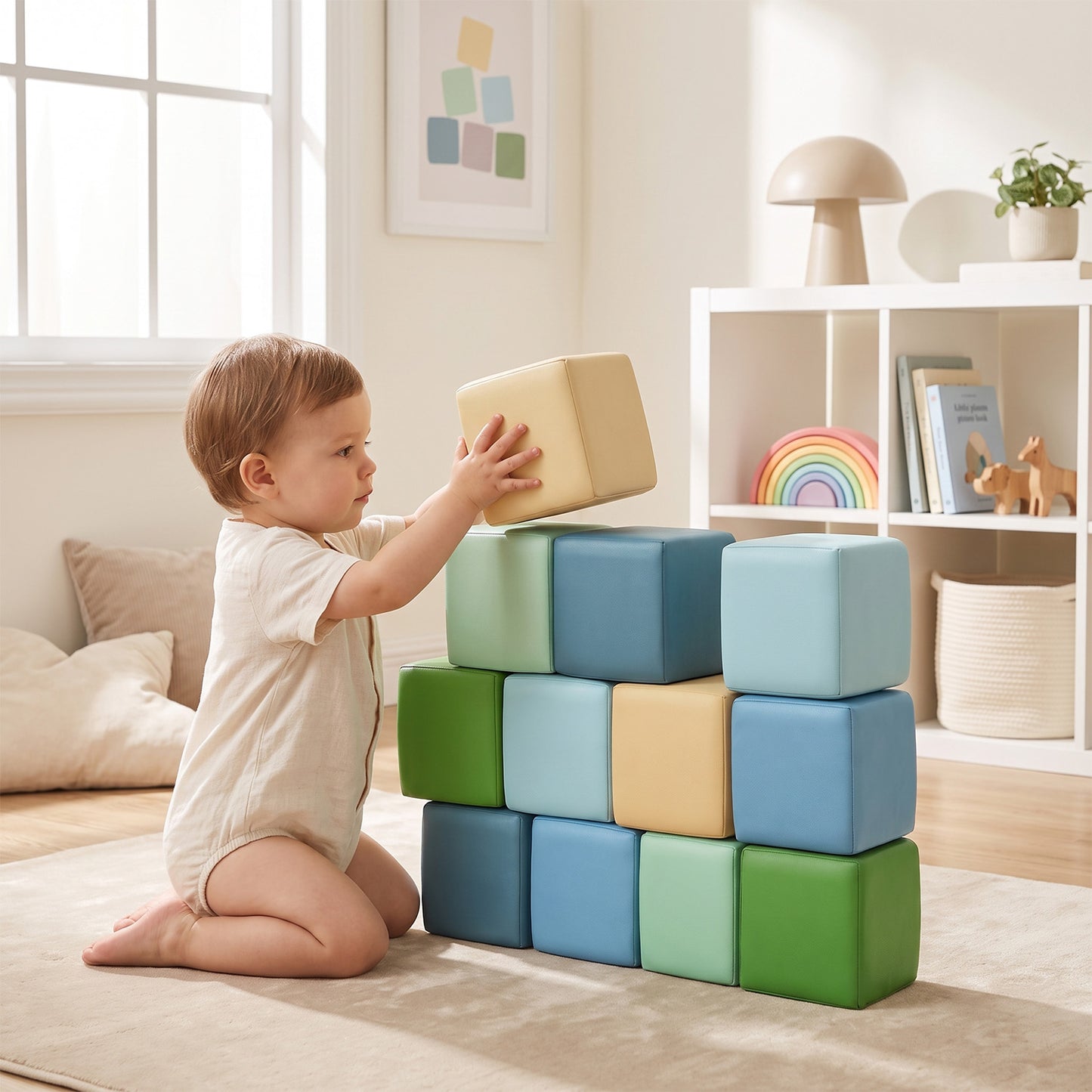 Foam Building Blocks for Toddlers：12-Pieces Wipeable Leather Stacking Cubes Kids - Large Soft Toys Play Set for Learning Construction Baby Preschool Daycare Therapy Birthday Gift (Yellow Green)