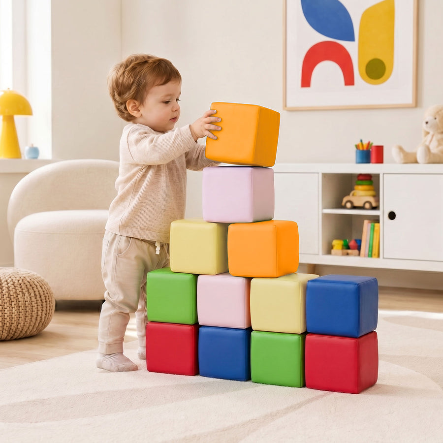 Foam Building Blocks for Toddlers：12-Pieces Wipeable Leather Stacking Cubes Kids - Large Soft Toys Play Set for Learning Construction Baby Preschool Daycare Therapy Birthday Gift (Rainbow)