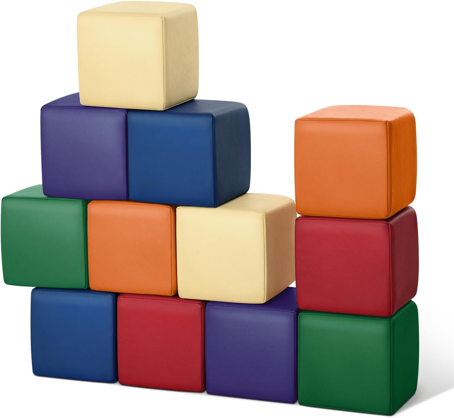 Foam Building Blocks for Toddlers：12-Pieces Wipeable Leather Stacking Cubes Kids - Large Soft Toys Play Set for Learning Construction Baby Preschool Daycare Therapy Birthday Gift (Rainbow)