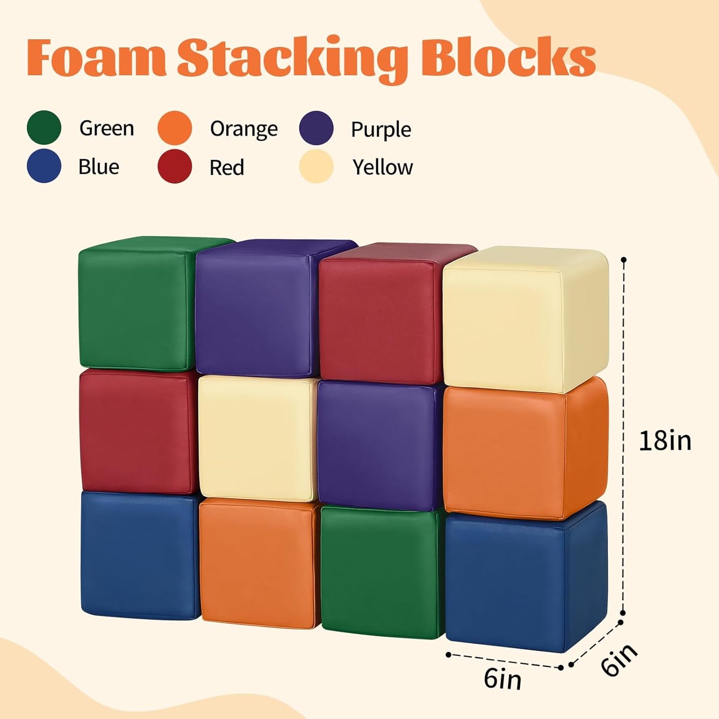 Foam Building Blocks for Toddlers：12-Pieces Wipeable Leather Stacking Cubes Kids - Large Soft Toys Play Set for Learning Construction Baby Preschool Daycare Therapy Birthday Gift (Rainbow)