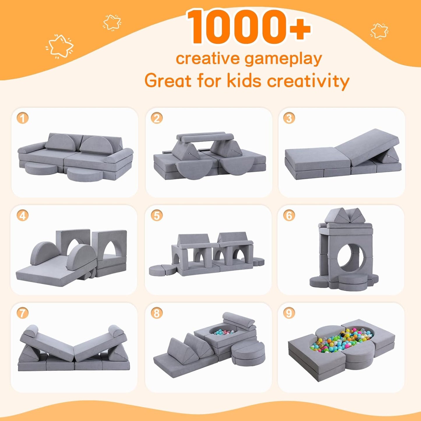 14Pcs Modular Kids Play Couch: Foam Toddler Building Blocks - Removable Kids Sofa Climbing Toys for Playing, Creativity, Convertible Play Fort Sectional Couch for Playroom, Bedroom Furniture, Grey