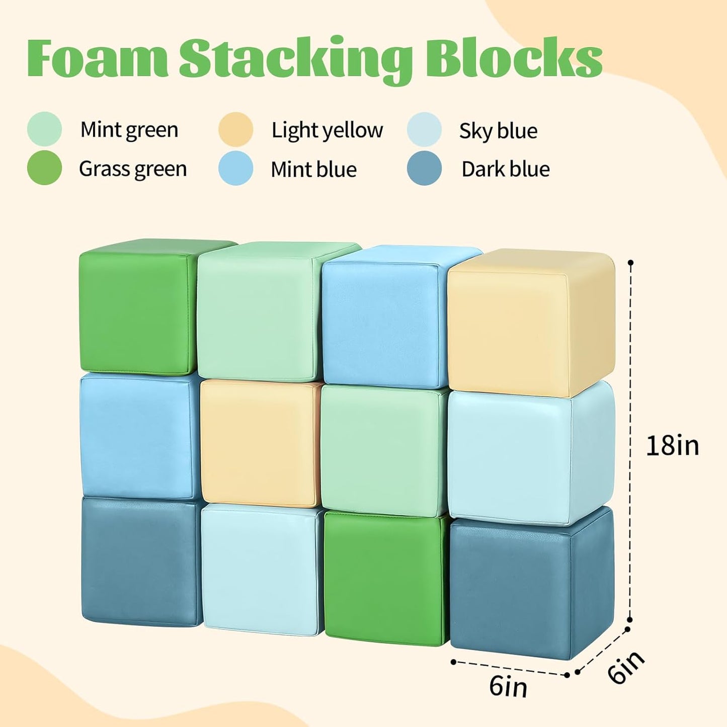 Foam Building Blocks for Toddlers：12-Pieces Wipeable Leather Stacking Cubes Kids - Large Soft Toys Play Set for Learning Construction Baby Preschool Daycare Therapy Birthday Gift (Yellow Green)