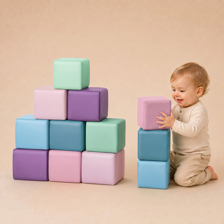 Foam Building Blocks for Toddlers：12-Pieces Wipeable Leather Stacking Cubes Kids - Large Soft Toys Play Set for Learning Construction Baby Preschool Daycare Therapy Birthday Gift (Purple Pink) alternate view