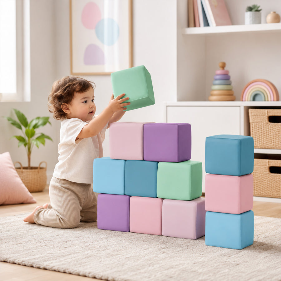 Foam Building Blocks for Toddlers：12-Pieces Wipeable Leather Stacking Cubes Kids - Large Soft Toys Play Set for Learning Construction Baby Preschool Daycare Therapy Birthday Gift (Purple Pink)