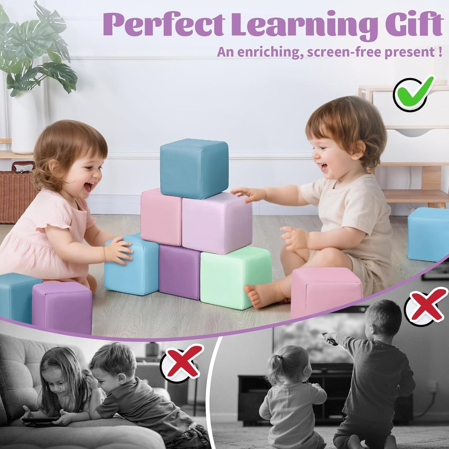 Foam Building Blocks for Toddlers：12-Pieces Wipeable Leather Stacking Cubes Kids - Large Soft Toys Play Set for Learning Construction Baby Preschool Daycare Therapy Birthday Gift (Purple Pink)