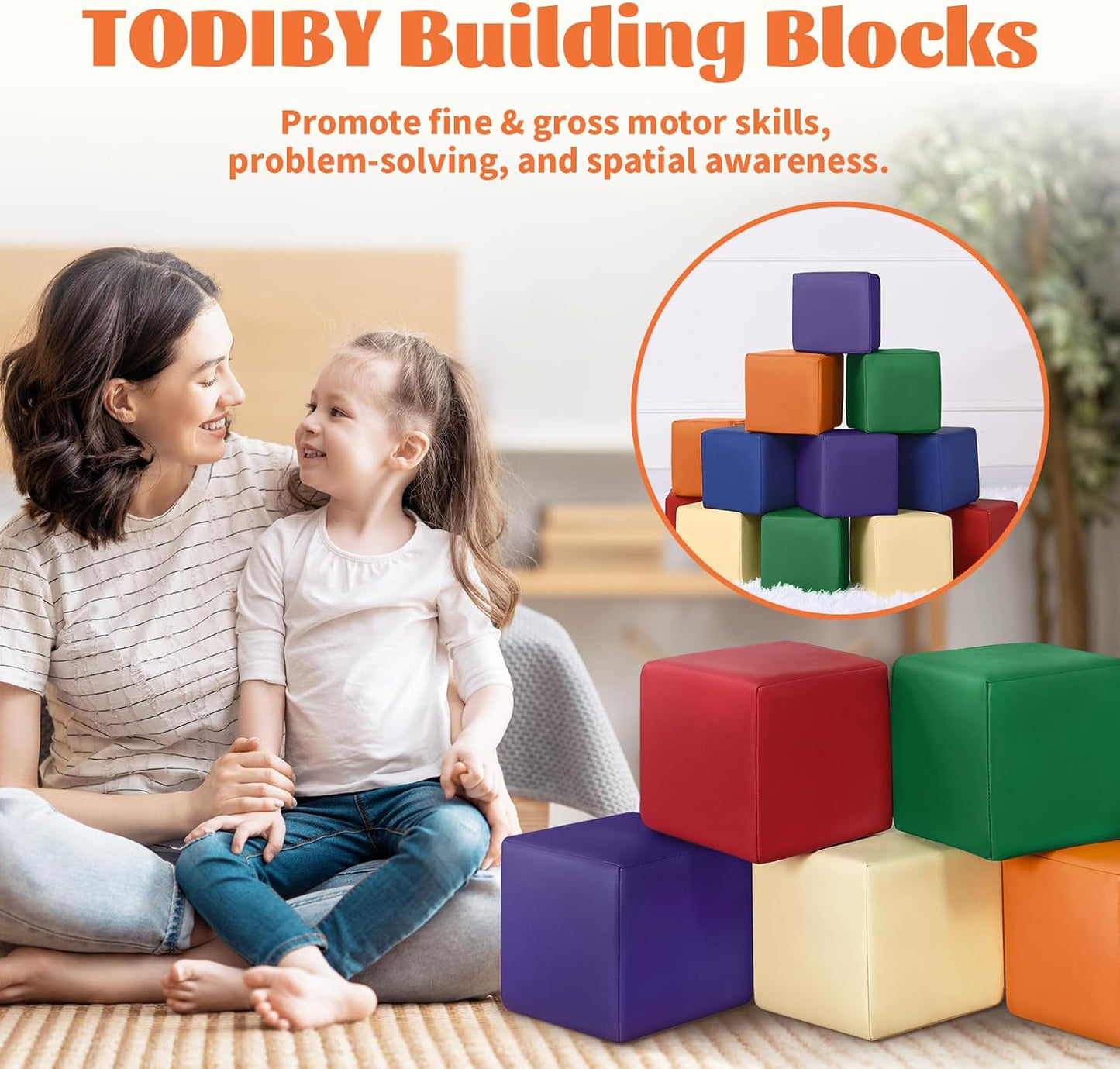 Foam Building Blocks for Toddlers：12-Pieces Wipeable Leather Stacking Cubes Kids - Large Soft Toys Play Set for Learning Construction Baby Preschool Daycare Therapy Birthday Gift (Rainbow)