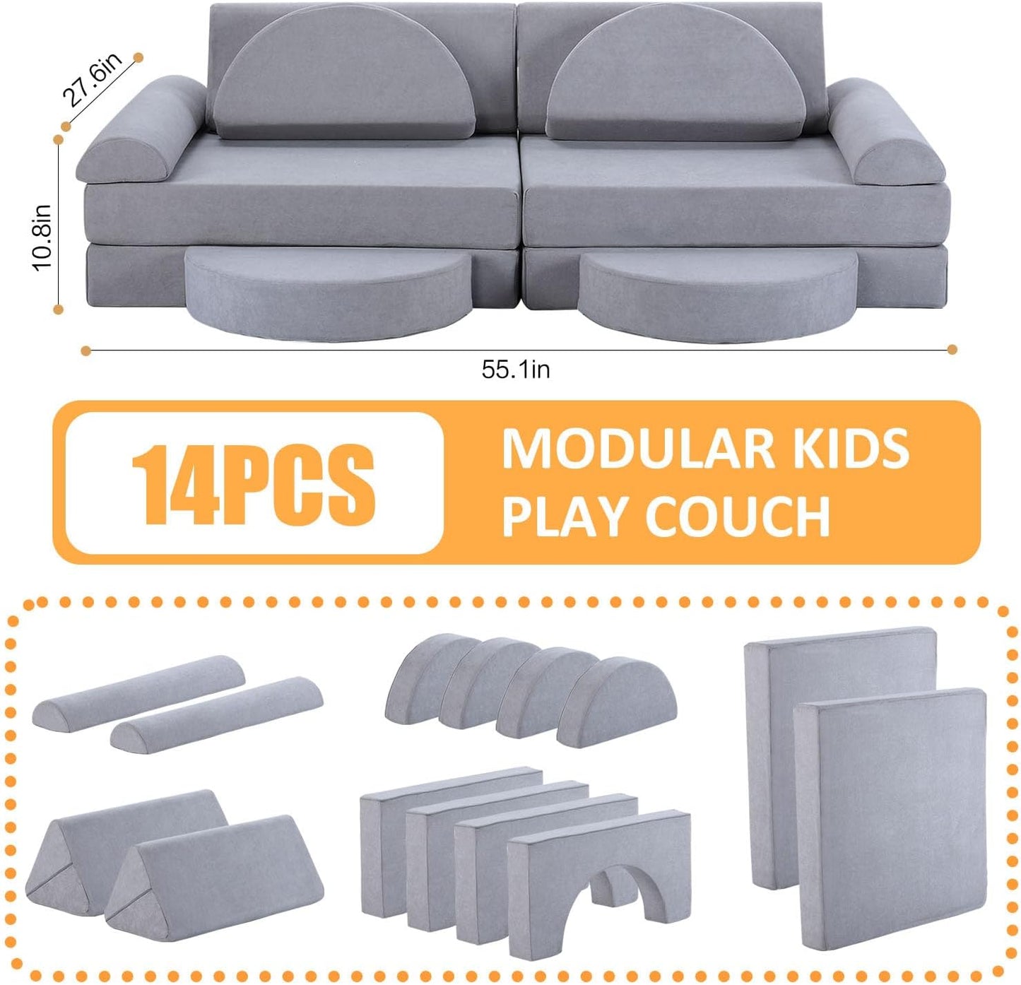 14Pcs Modular Kids Play Couch: Foam Toddler Building Blocks - Removable Kids Sofa Climbing Toys for Playing, Creativity, Convertible Play Fort Sectional Couch for Playroom, Bedroom Furniture, Grey