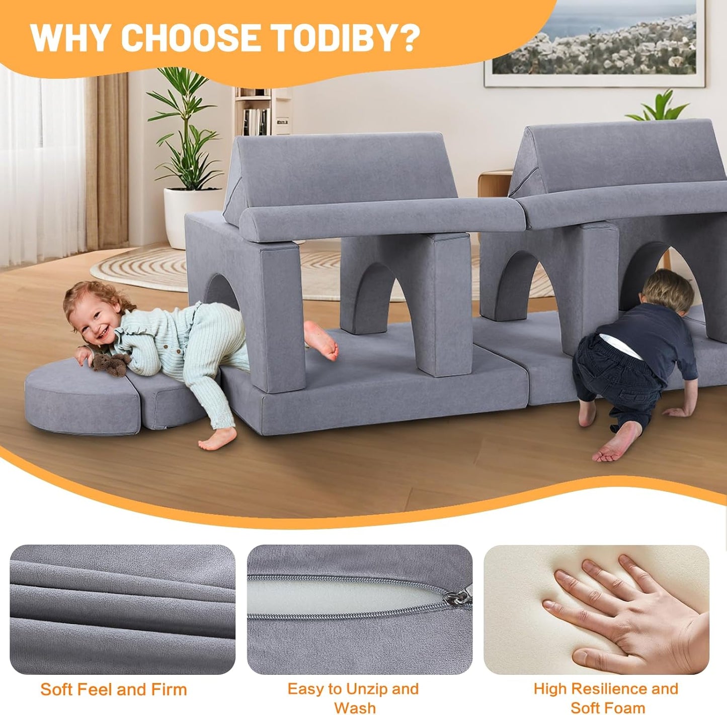 14Pcs Modular Kids Play Couch: Foam Toddler Building Blocks - Removable Kids Sofa Climbing Toys for Playing, Creativity, Convertible Play Fort Sectional Couch for Playroom, Bedroom Furniture, Grey