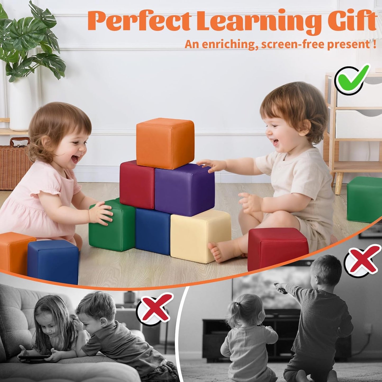 Foam Building Blocks for Toddlers：12-Pieces Wipeable Leather Stacking Cubes Kids - Large Soft Toys Play Set for Learning Construction Baby Preschool Daycare Therapy Birthday Gift (Rainbow)