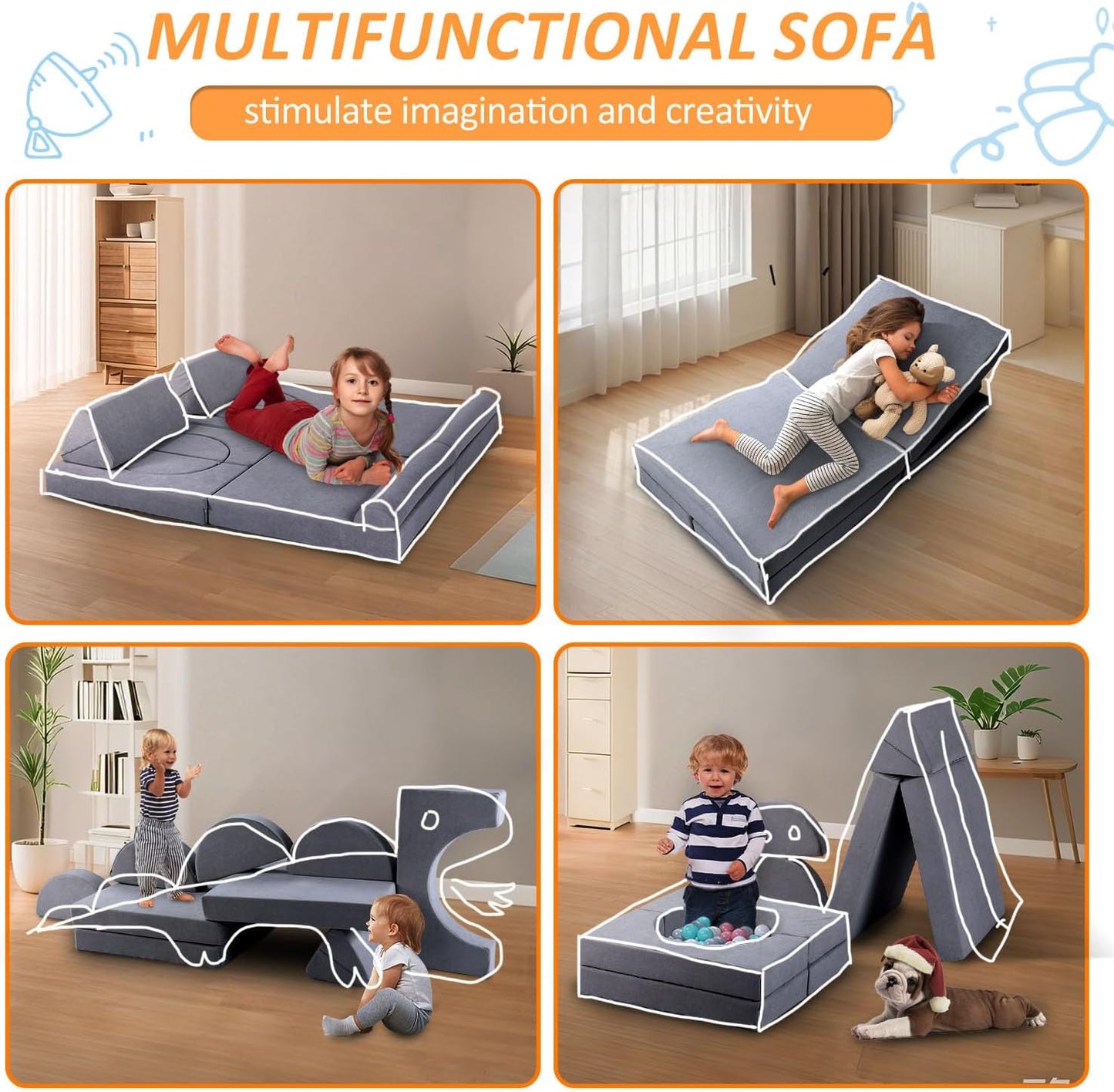 14Pcs Modular Kids Play Couch: Foam Toddler Building Blocks - Removable Kids Sofa Climbing Toys for Playing, Creativity, Convertible Play Fort Sectional Couch for Playroom, Bedroom Furniture, Grey