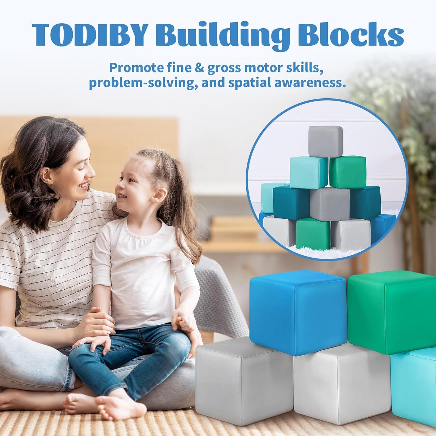 Foam Building Blocks for Toddlers：12-Pieces Wipeable Leather Stacking Cubes Kids - Large Soft Toys Play Set for Learning Construction Baby Preschool Daycare Therapy Birthday Gift (Modern)