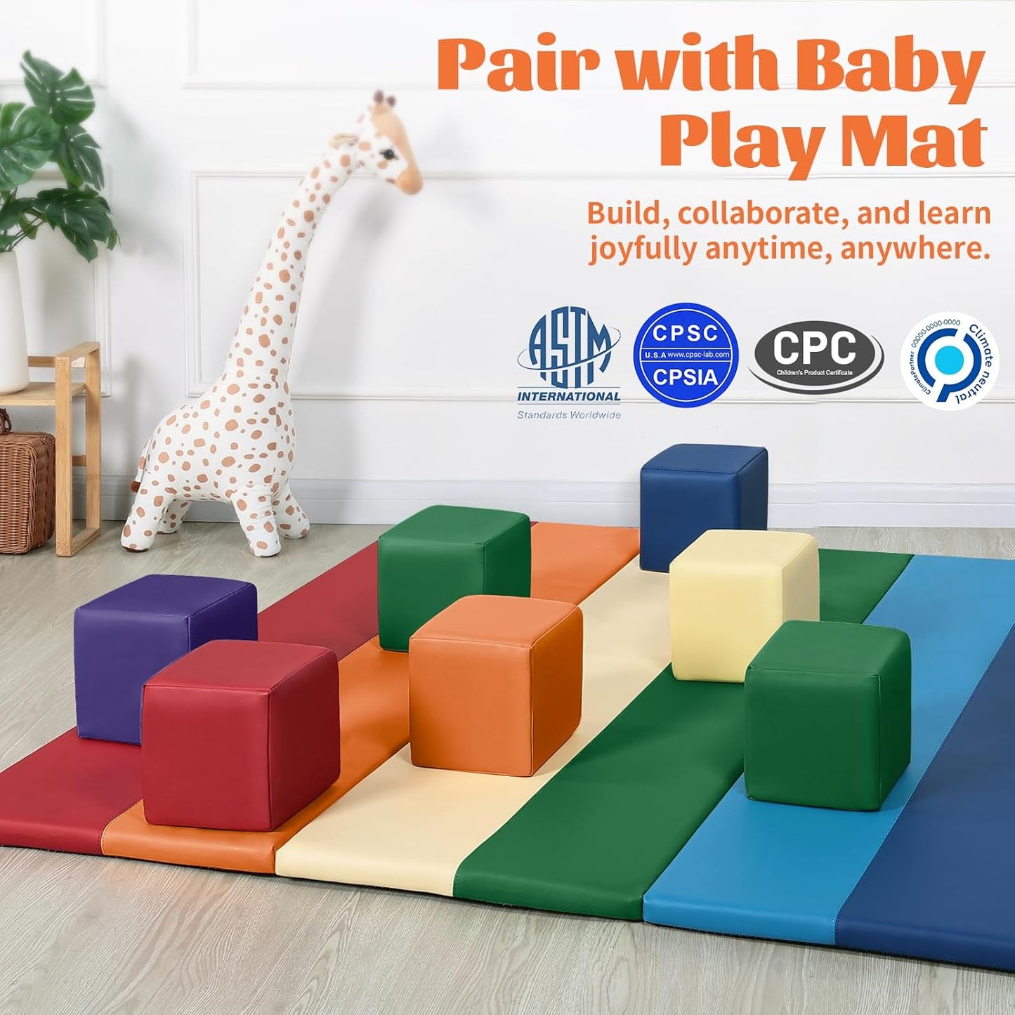 Foam Building Blocks for Toddlers：12-Pieces Wipeable Leather Stacking Cubes Kids - Large Soft Toys Play Set for Learning Construction Baby Preschool Daycare Therapy Birthday Gift (Rainbow)