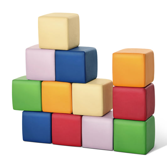 Foam Building Blocks for Toddlers：12-Pieces Wipeable Leather Stacking Cubes Kids - Large Soft Toys Play Set for Learning Construction Baby Preschool Daycare Therapy Birthday Gift (Rainbow)