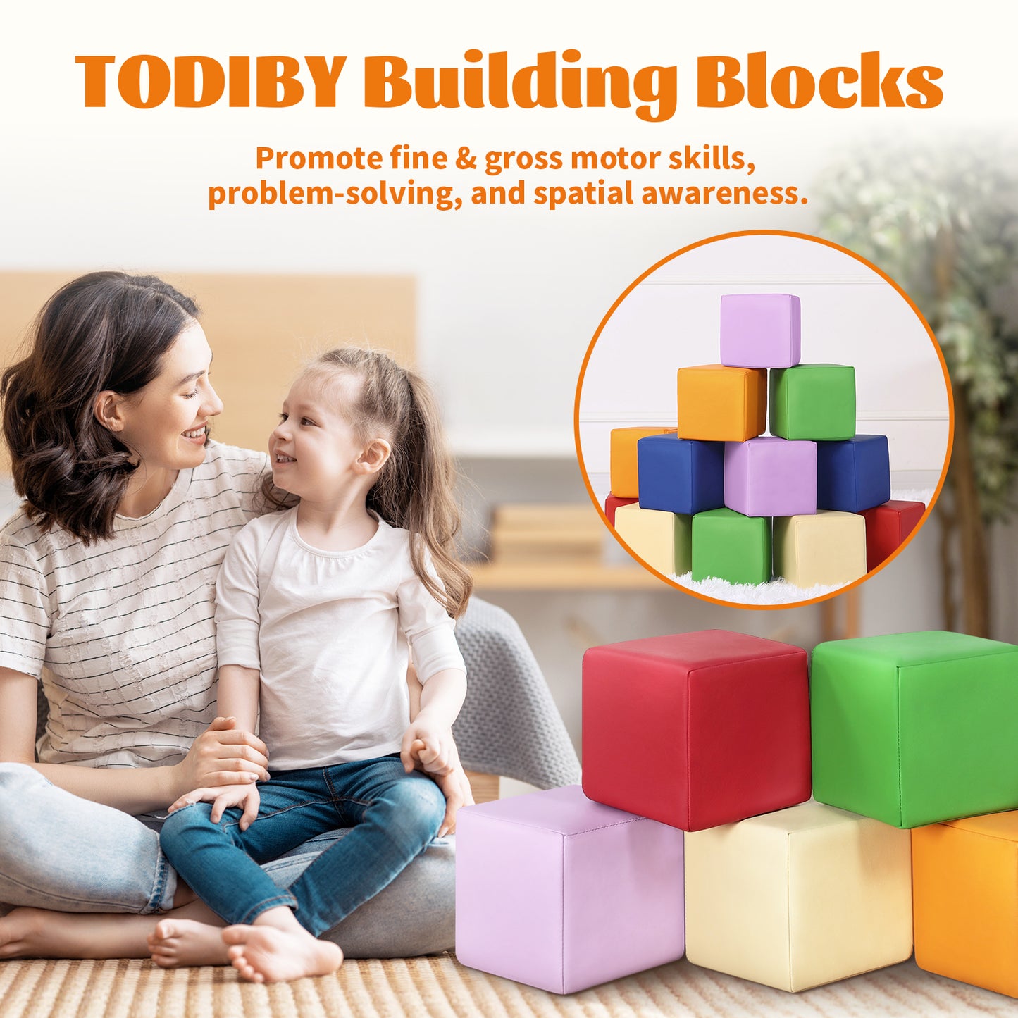 Foam Building Blocks for Toddlers：12-Pieces Wipeable Leather Stacking Cubes Kids - Large Soft Toys Play Set for Learning Construction Baby Preschool Daycare Therapy Birthday Gift (Rainbow)