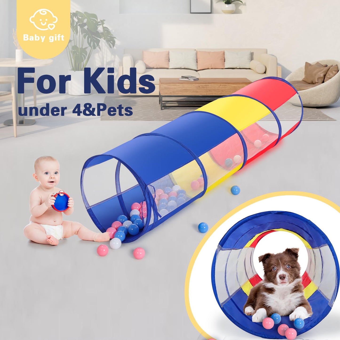 Kids Play Tunnel Tent for Toddlers, Colorful Pop Up Crawl Through Passage, Indoor & Outdoor Pipe Toy for Kids Backyard Playset, Dog Cat Pet Tunnel (Red, Yellow and Blue Tunnel)