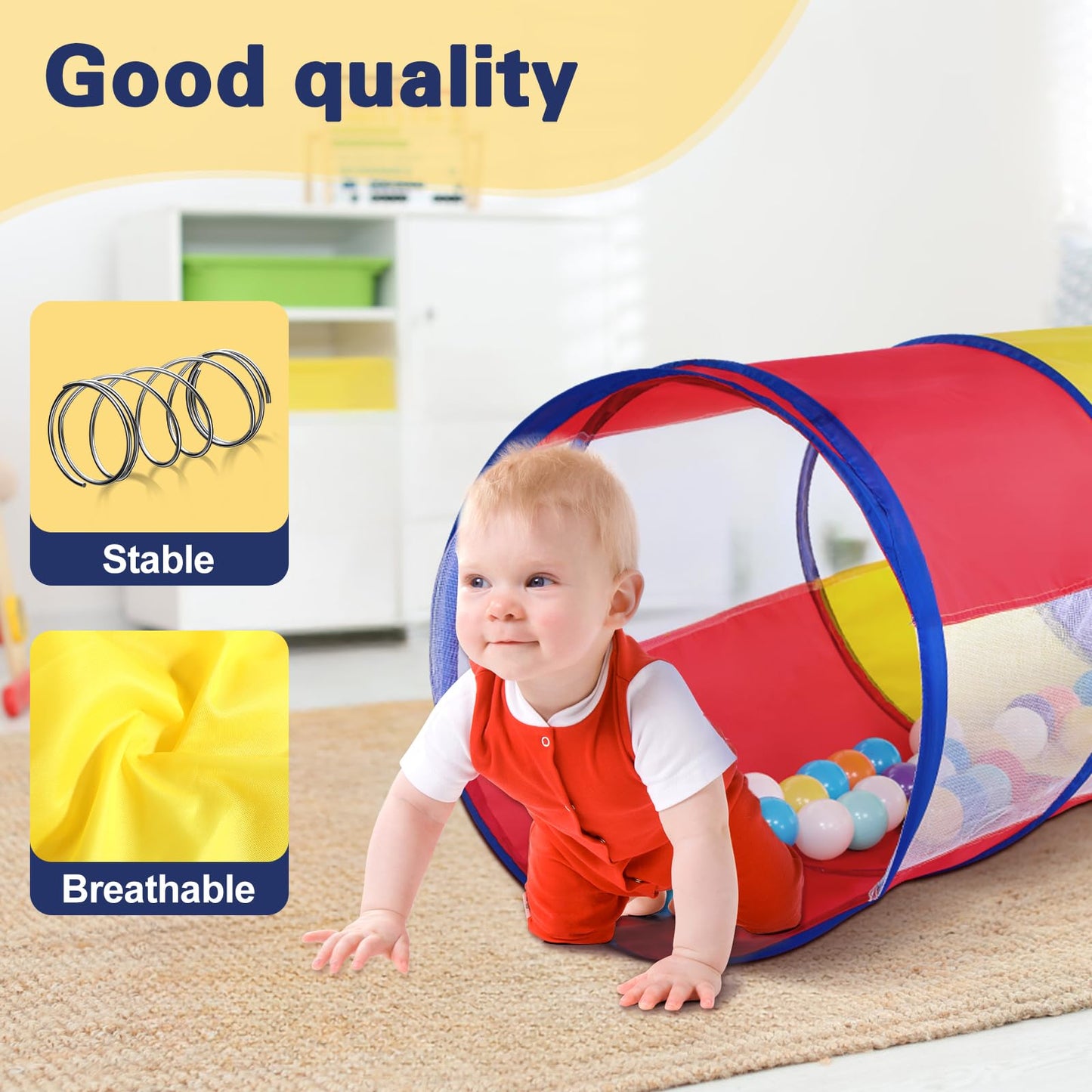 Kids Play Tunnel Tent for Toddlers, Colorful Pop Up Crawl Through Passage, Indoor & Outdoor Pipe Toy for Kids Backyard Playset, Dog Cat Pet Tunnel (Red, Yellow and Blue Tunnel)