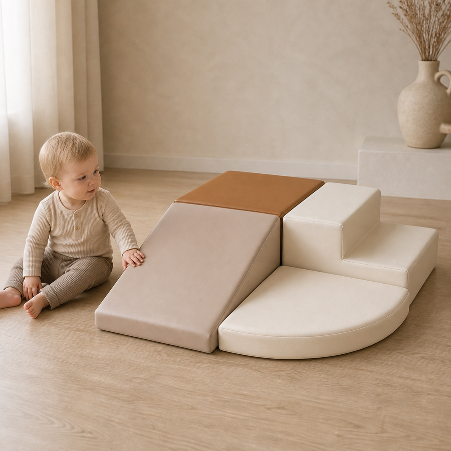 Todiby Camel Cloud Step Set in a warm studio with a baby, product shape preserved