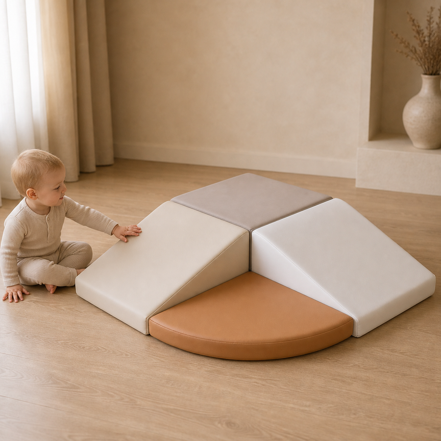 Todiby Oat Crescent Climber in a warm studio with a baby, product shape preserved