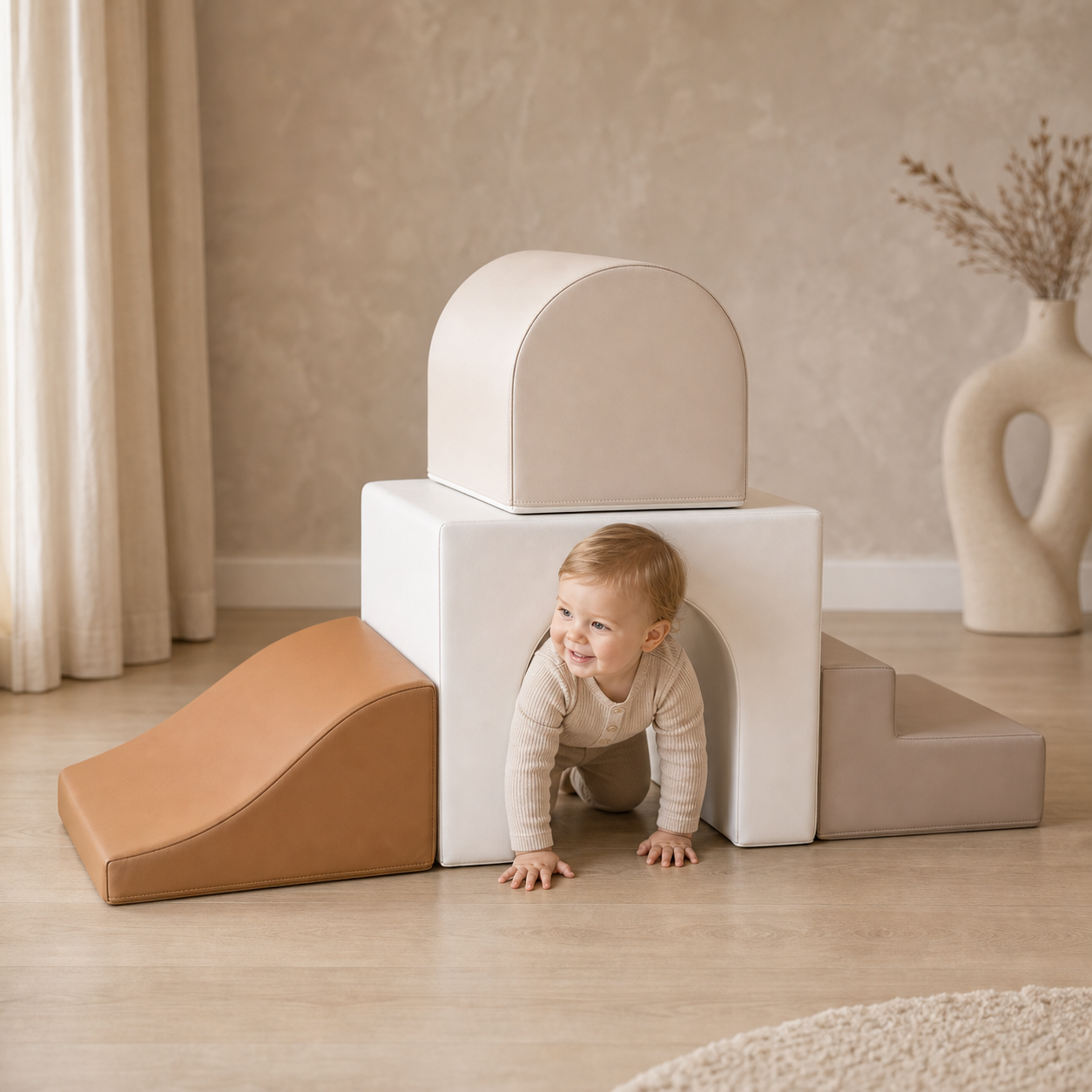 Todiby architect tunnel climber with a baby in a warm studio