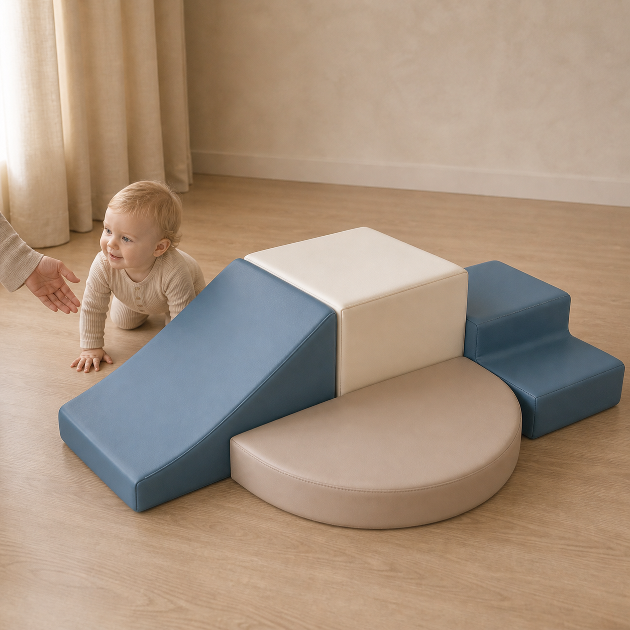 Todiby Blue Oat Arc Climber with a baby in a warm studio
