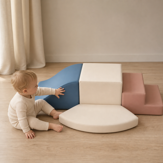 Todiby dusty blue step climber with a baby in a warm studio