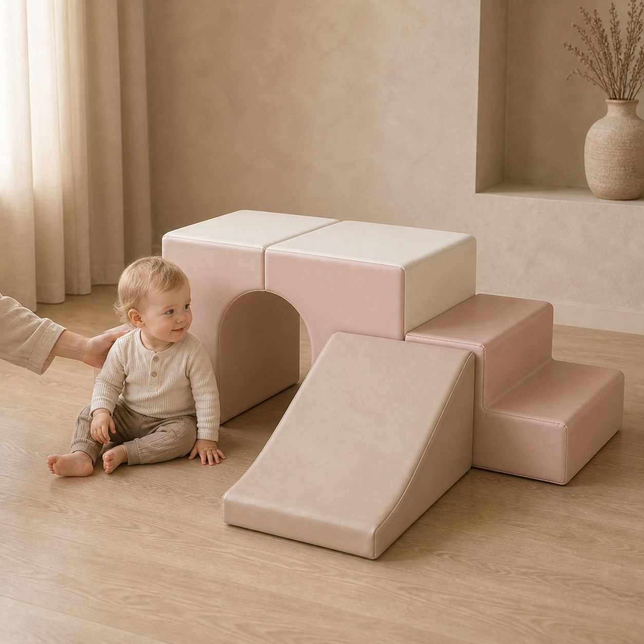 Todiby Blush Modular Adventure Set with a baby in a warm studio
