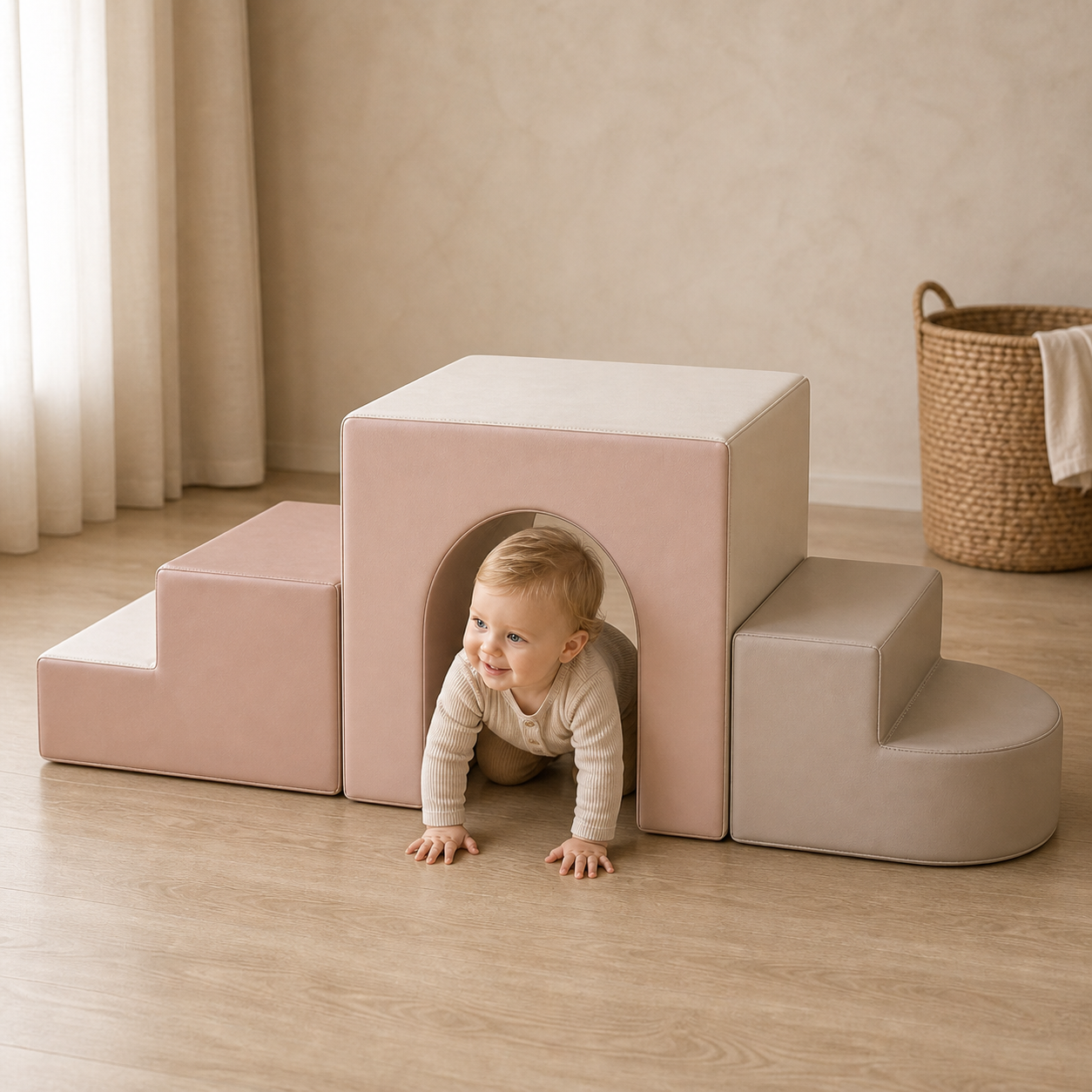 Todiby Blush Tunnel Play Set with a baby in a warm studio