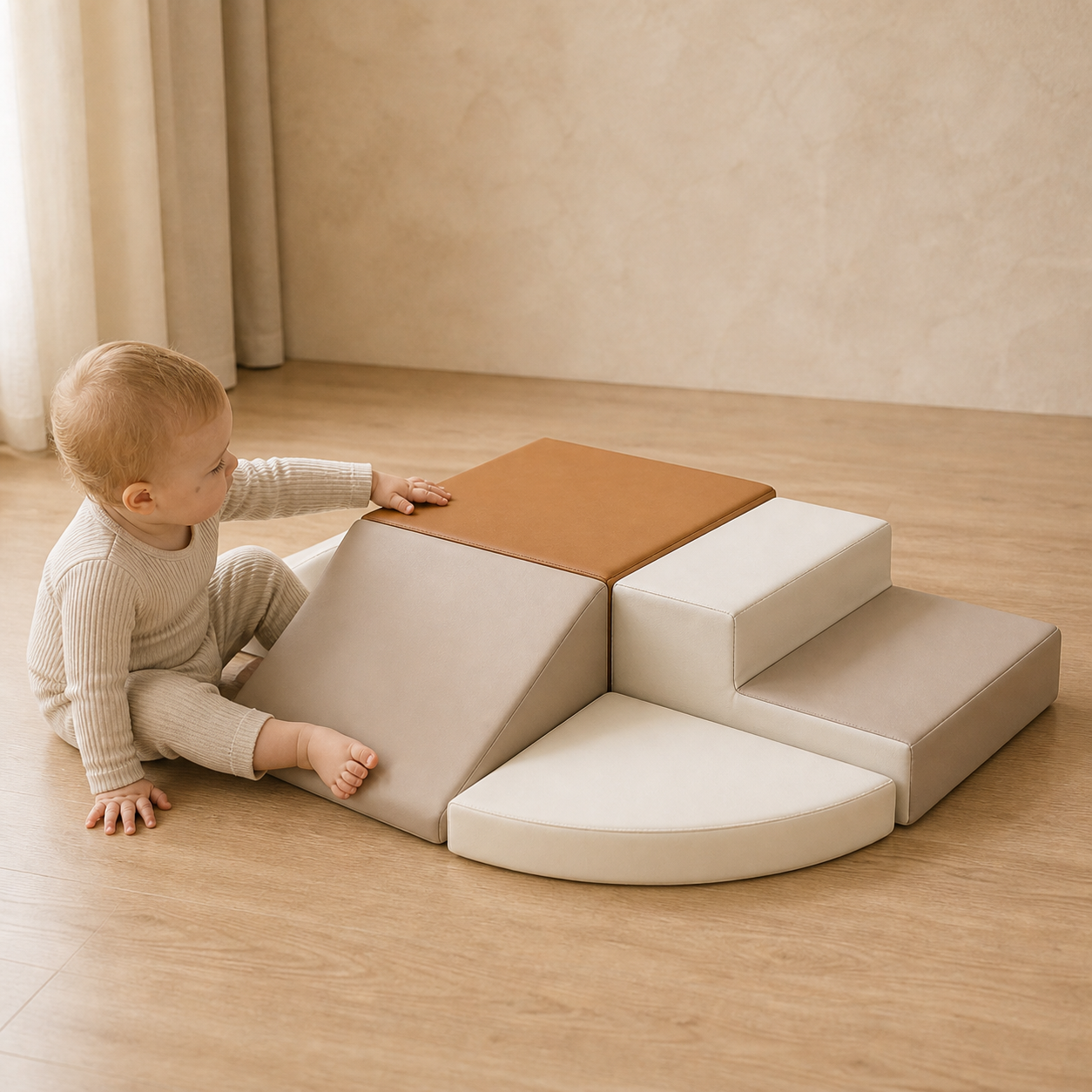Todiby Camel Cloud Step Set with a baby in a warm studio