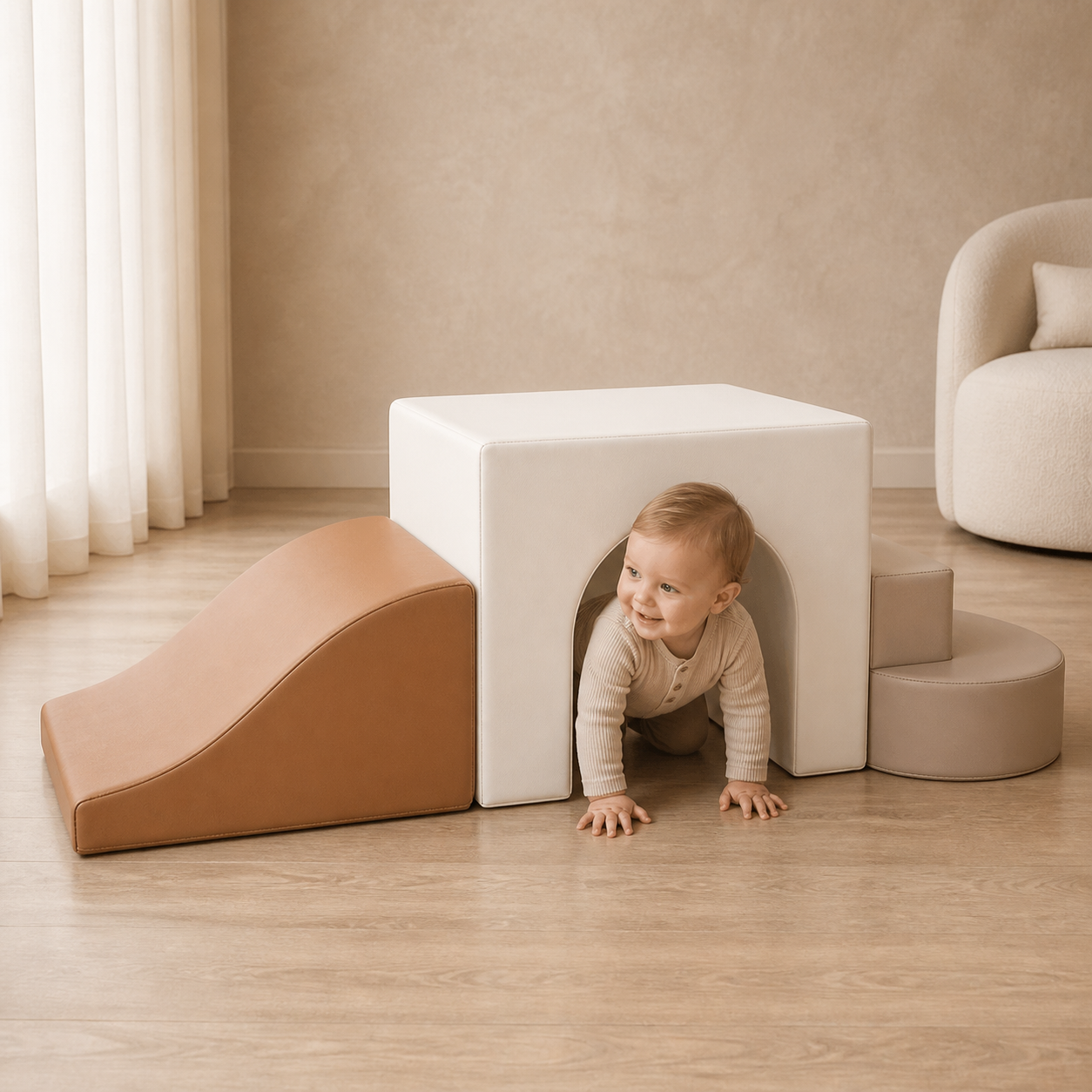 Todiby Camel Tunnel Climber with a baby in a warm studio