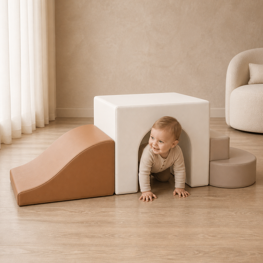 Todiby Camel Tunnel Climber with a baby in a warm studio