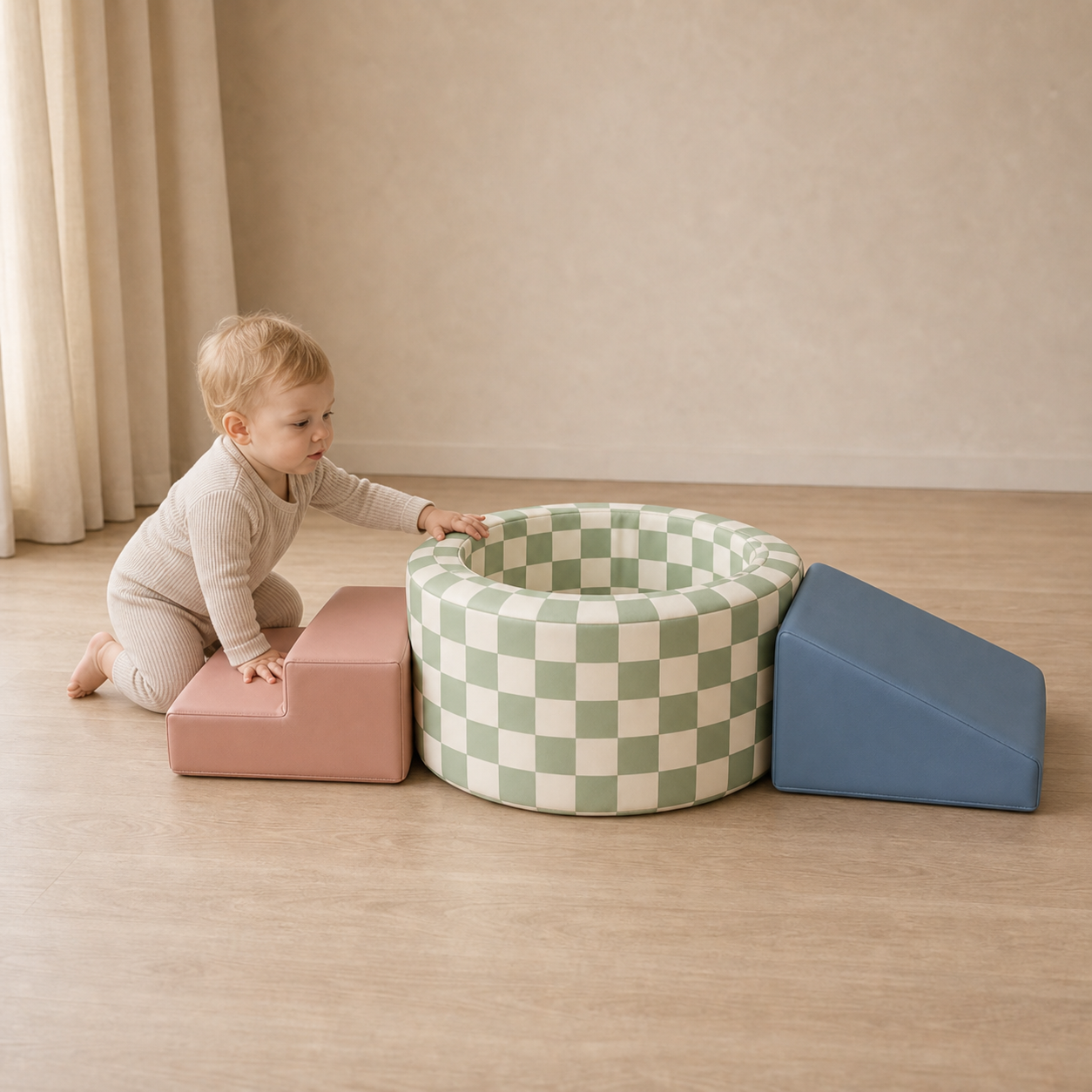 Todiby Checker Tunnel Mini Set with a baby in a warm studio