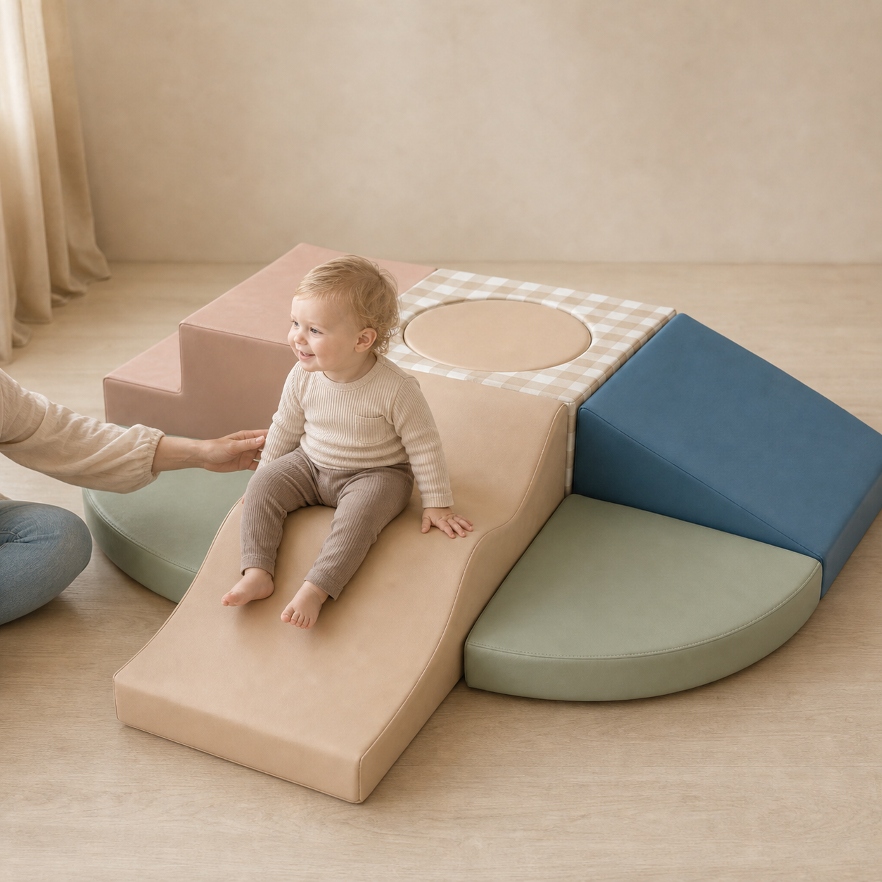 Todiby gingham pastel soft play set with a baby in a warm studio