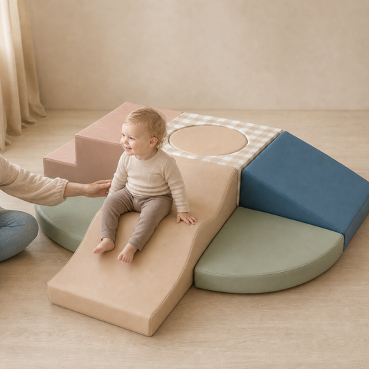 Todiby gingham pastel soft play set with a baby in a warm studio