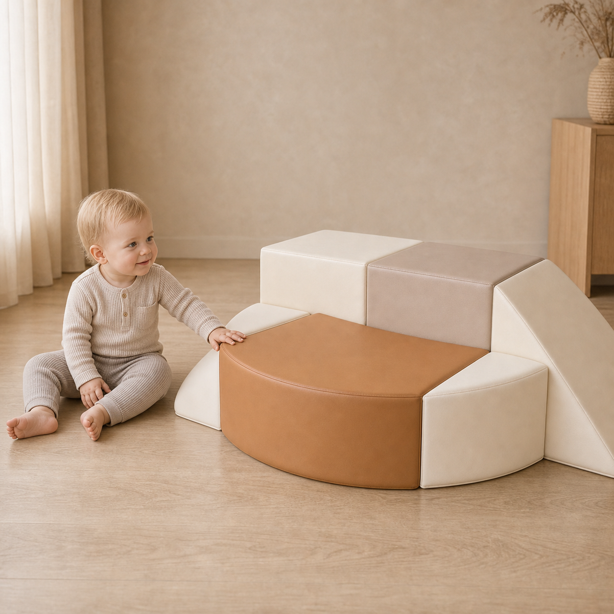 Todiby Ivory Caramel Arc Set with a baby in a warm studio