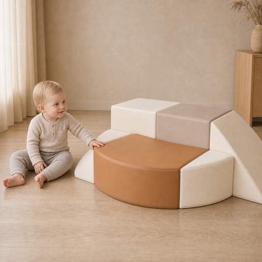 Todiby Ivory Caramel Arc Set with a baby in a warm studio