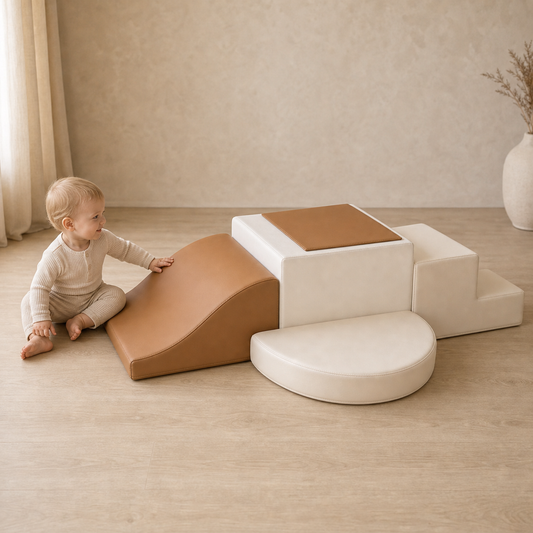 Todiby Ivory Caramel Play Set with a baby in a warm studio