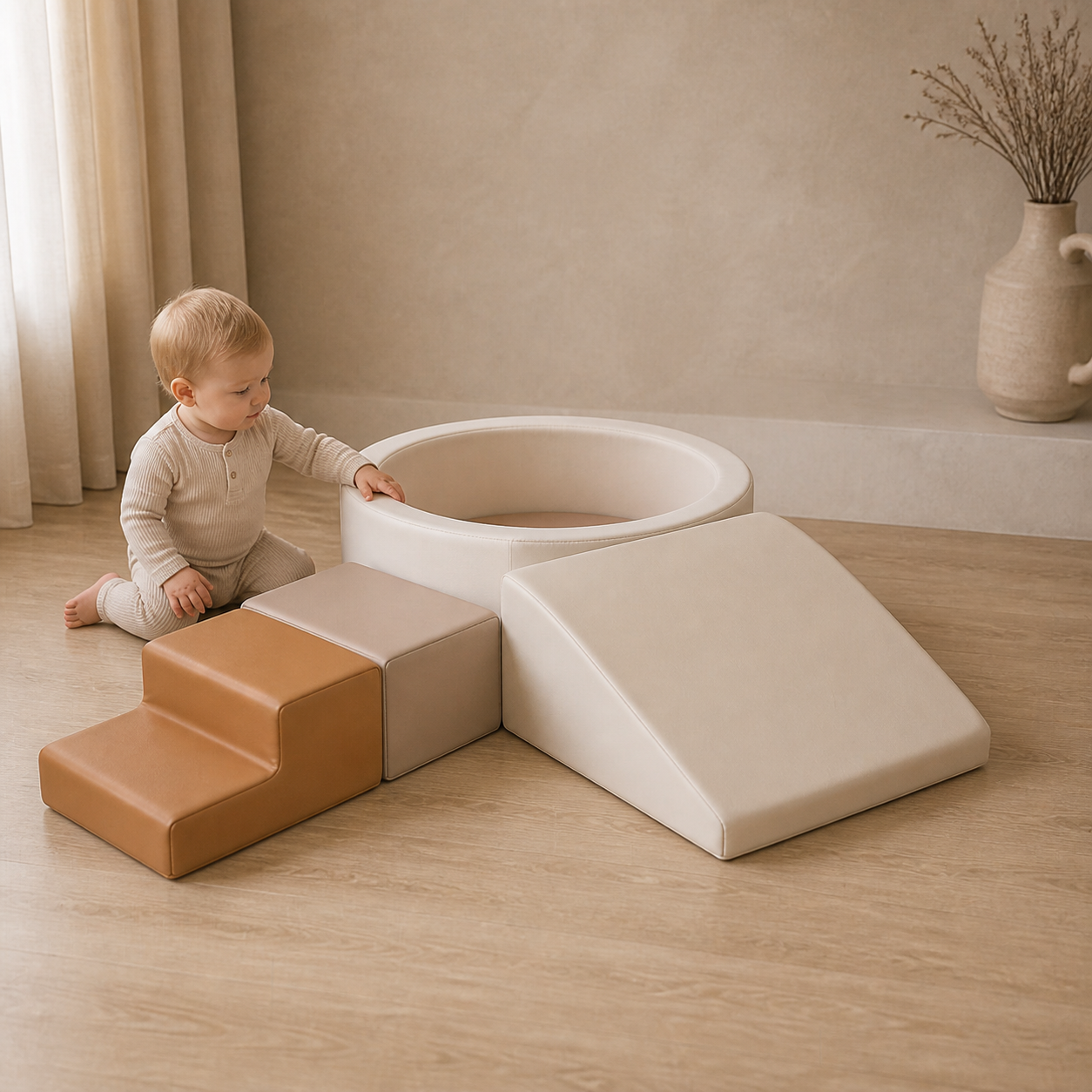 Todiby Mini Ball Pit Climber with a baby in a warm studio