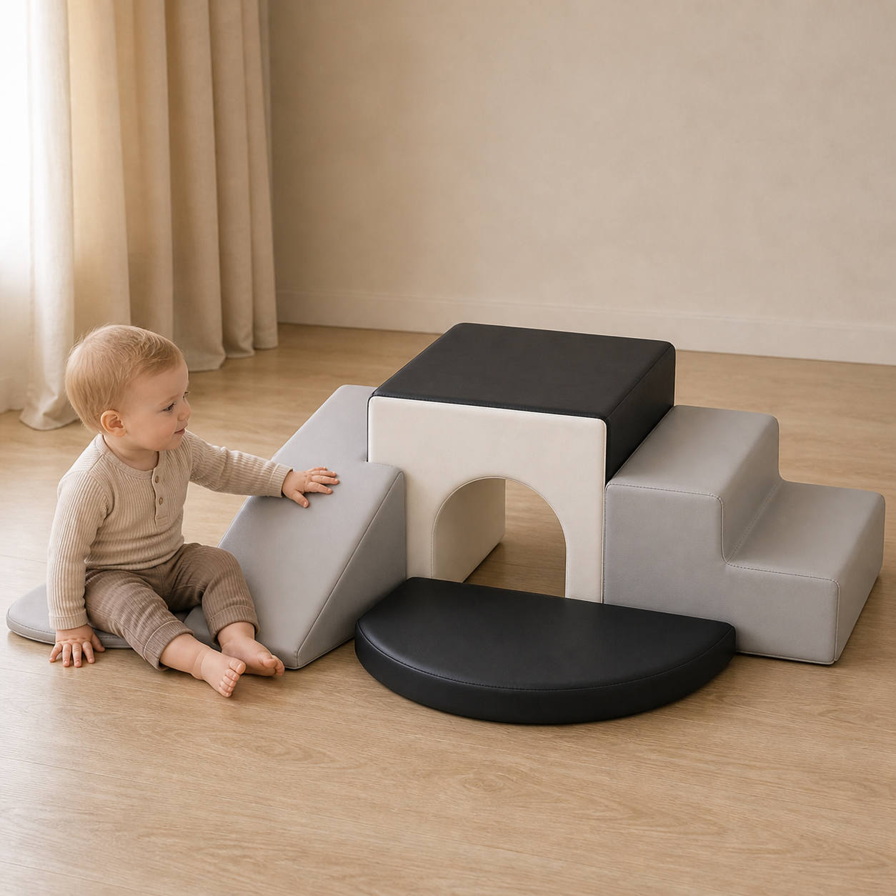 Todiby Monochrome Balance Climber with a baby in a warm studio
